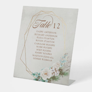 Winter Greenery White Rose Wedding Table Seating Pedestal Sign