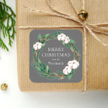 Winter Greenery Wreath Merry Christmas Grey  Square Sticker<br><div class="desc">This personalized holiday sticker features a watercolor wreath of green and brown winter greenery,  including pine sprigs and cotton. The words "Merry Christmas" appear in white serif font on a grey background. Personalize the design with your family name below in white italics.</div>