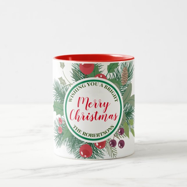 Winter Greenery Wreath Merry Christmas Two-Tone Coffee Mug (Center)