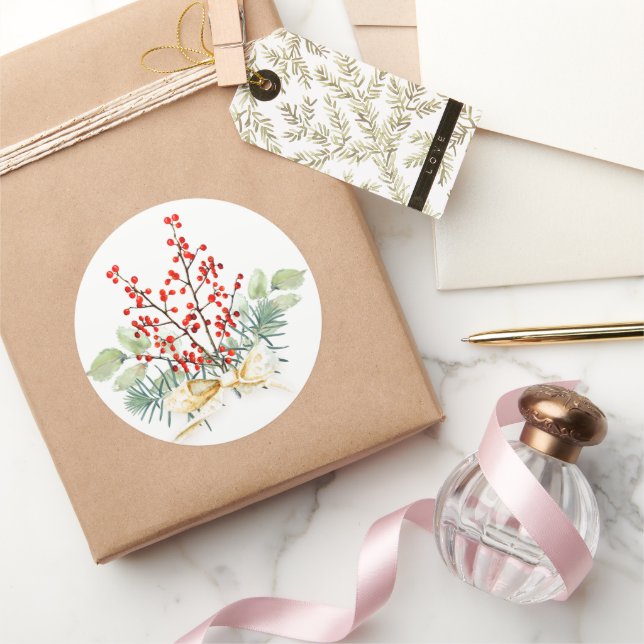 Winter Greens Red Berries Christmas Holiday Classic Round Sticker (Gifting)