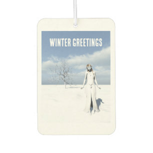 Winter Greetings. Female elf walking in the snow Air Freshener