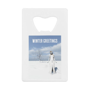 Winter Greetings. Female elf walking in the snow  Credit Card Bottle Opener