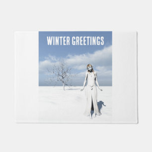 Winter Greetings. Female elf walking in the snow Doormat