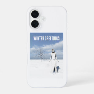 Winter Greetings. Female elf walking in the snow iPhone 16 Case