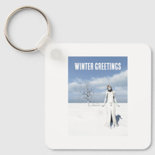 Winter Greetings. Female elf walking in the snow Keychain