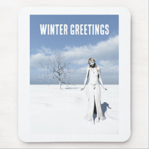 Winter Greetings. Female elf walking in the snow Mouse Pad