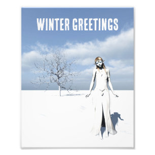 Winter Greetings. Female elf walking in the snow  Photo Print