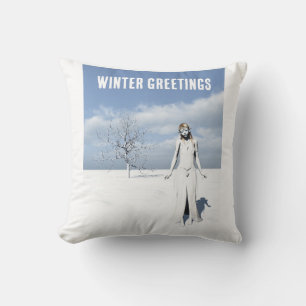 Winter Greetings. Female elf walking in the snow Throw Pillow