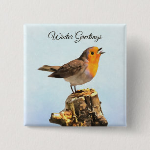 Winter Greetings. Robin singing 2 Inch Square Button