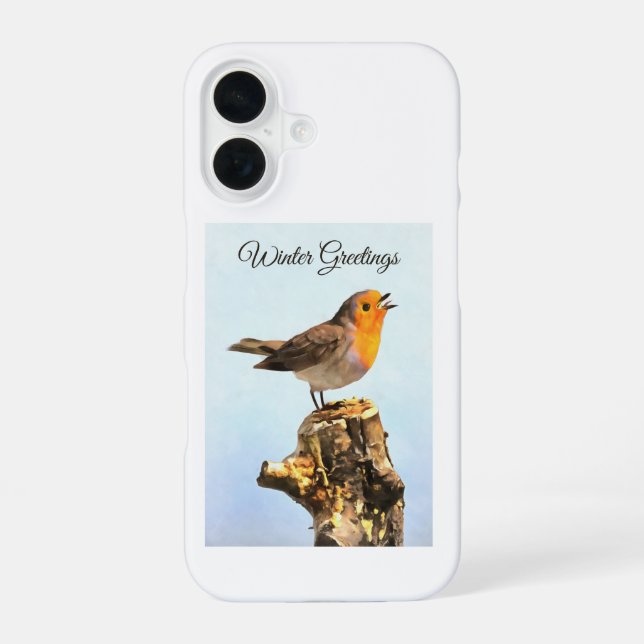 Winter Greetings. Robin singing  iPhone 16 Case (Back)