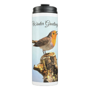 Winter Greetings. Robin singing Thermal Tumbler