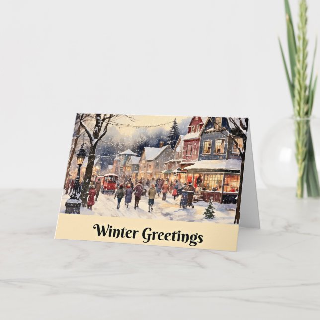 Winter Greetings, snowy city street, Card (Front)