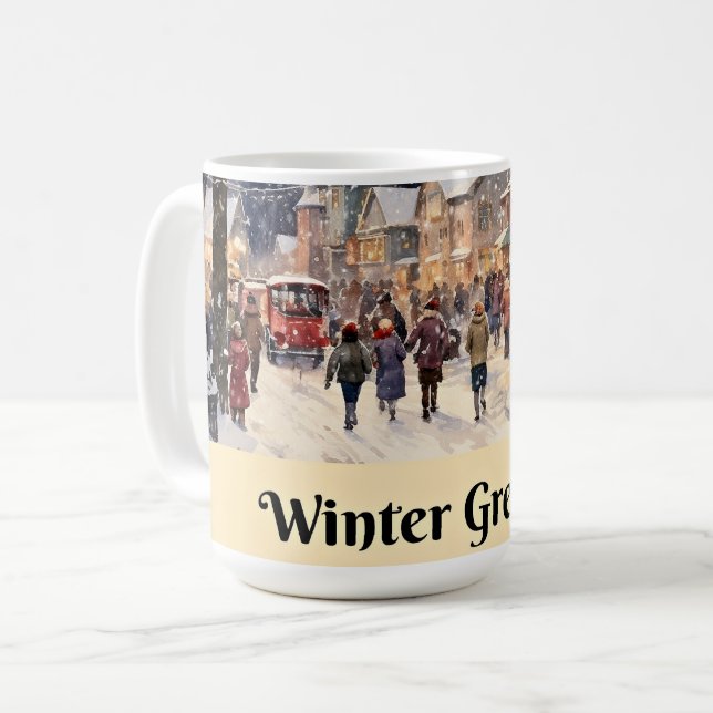 Winter Greetings, snowy city street, Coffee Mug (Front Left)
