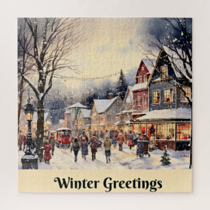 Winter Greetings, snowy city street, Jigsaw Puzzle