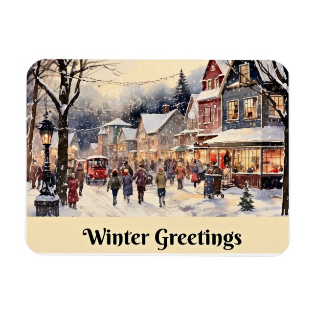 Winter Greetings, snowy city street, Magnet (Horizontal)