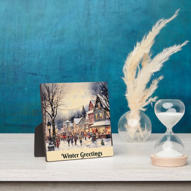 Winter Greetings, snowy city street, Plaque (Insitu)