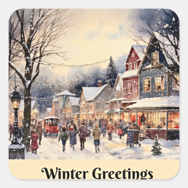 Winter Greetings, snowy city street, Square Sticker (Front)