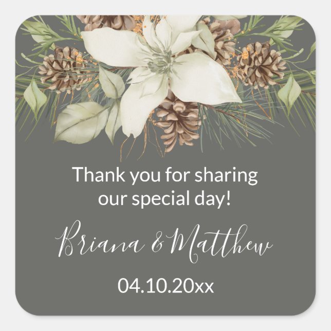 Winter Grey Elegant Script Wedding Favour Square Sticker (Front)