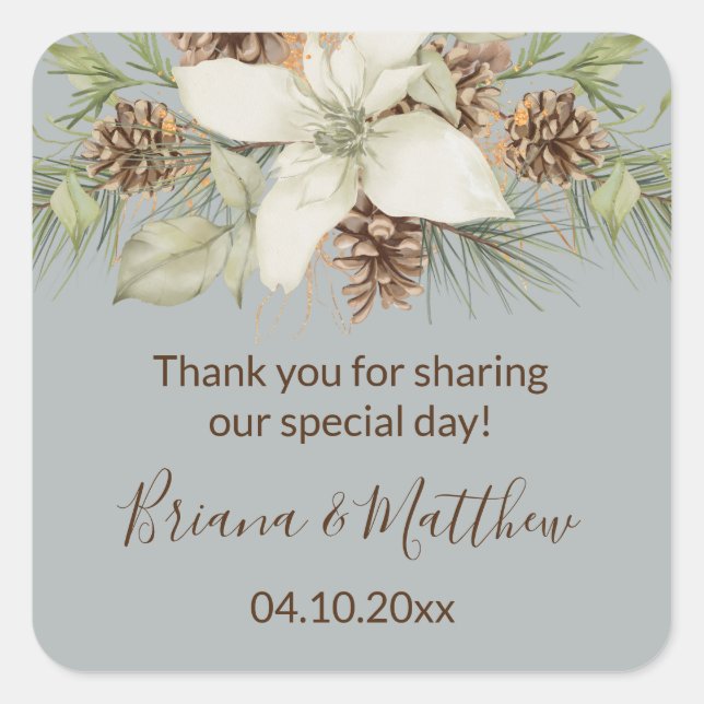 Winter Grey Elegant Script Wedding Favour Square Sticker (Front)