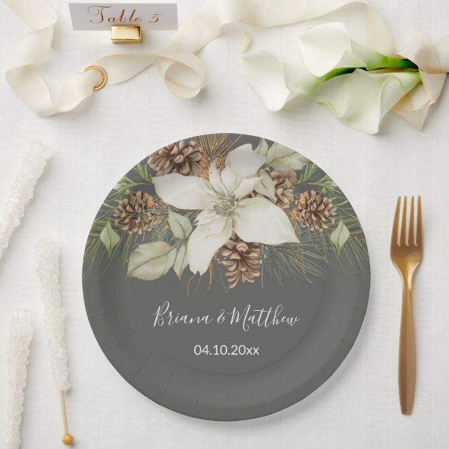 Winter Grey Elegant Script Wedding Paper Plate (Wedding)