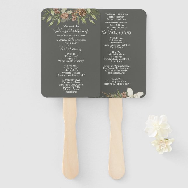 Winter Grey Elegant Script Wedding Program Hand Fan (Front and Back)