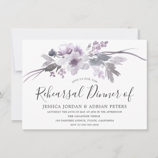 Winter Grey Floral Watercolor Rehearsal Dinner Invitation (Front)