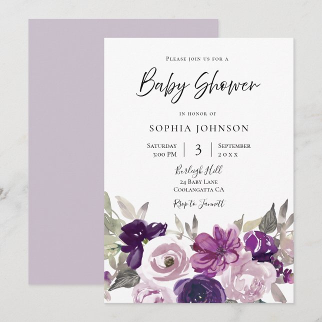 Winter Grey: Purple Lavender Floral Baby Shower Invitation (Front/Back)