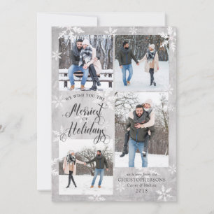 Winter Grey Snowflake Overlay Four Photos Holiday Card