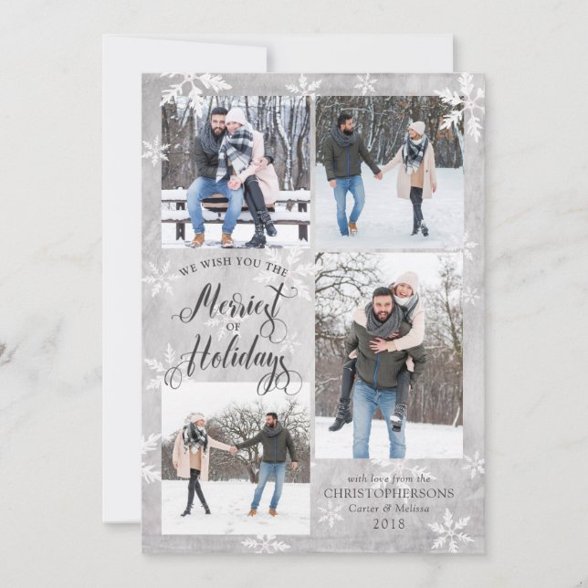 Winter Grey Snowflake Overlay Four Photos Holiday Card (Front)