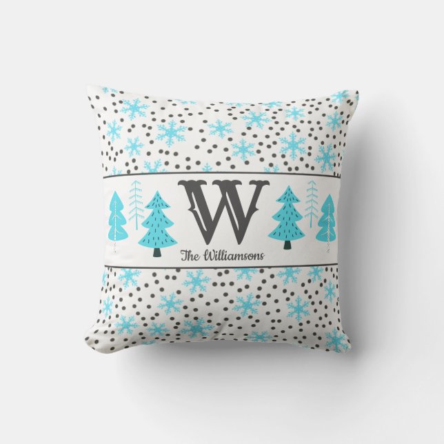 Winter Grey Teal Trees Snowflakes Dots Monogram Throw Pillow (Front)
