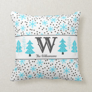 Winter Grey Teal Trees Snowflakes Dots Monogram Throw Pillow