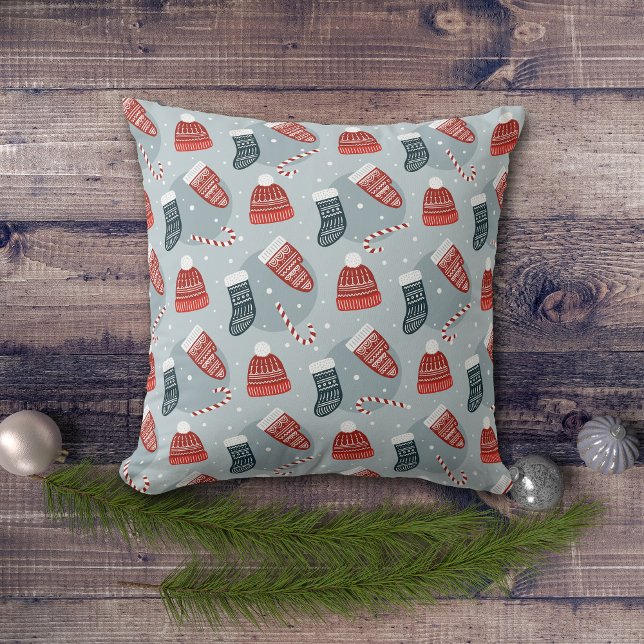 Winter Hats Stockings Mittens Pattern Throw Pillow (Creator Uploaded)