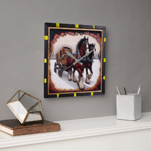 Winter Haul: Personalized Charred Wood Clydesdale Square Wall Clock