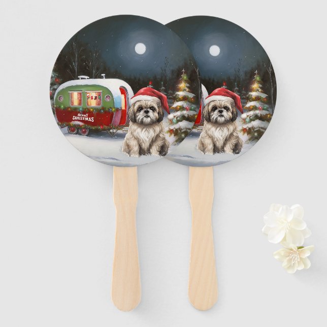 Winter Havanese Caravan Christmas Adventure Hand Fan (Front and Back)