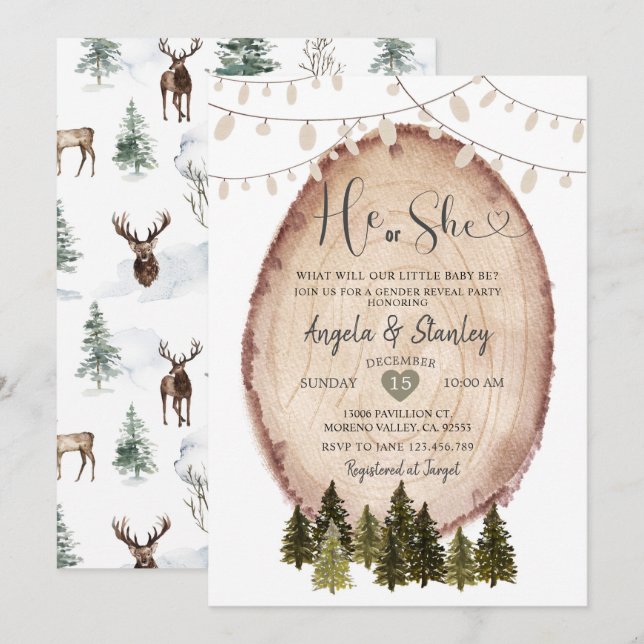Winter He or She Gender Reveal Rustic Woodland Invitation (Front/Back)