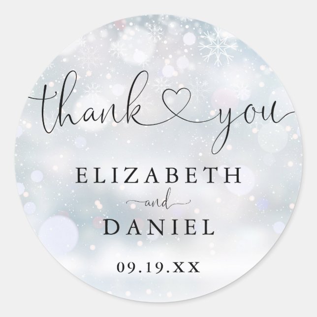 Winter Heart Script Thank You Wedding Favour Classic Round Sticker (Front)