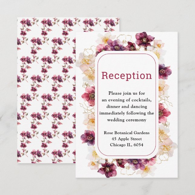 Winter Hellebore Floral Burgundy Wedding Reception Enclosure Card (Front/Back)