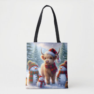 Winter Highland Cow Holiday Tote Bag