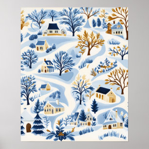Winter Hillside Village with Cozy Cottages Poster