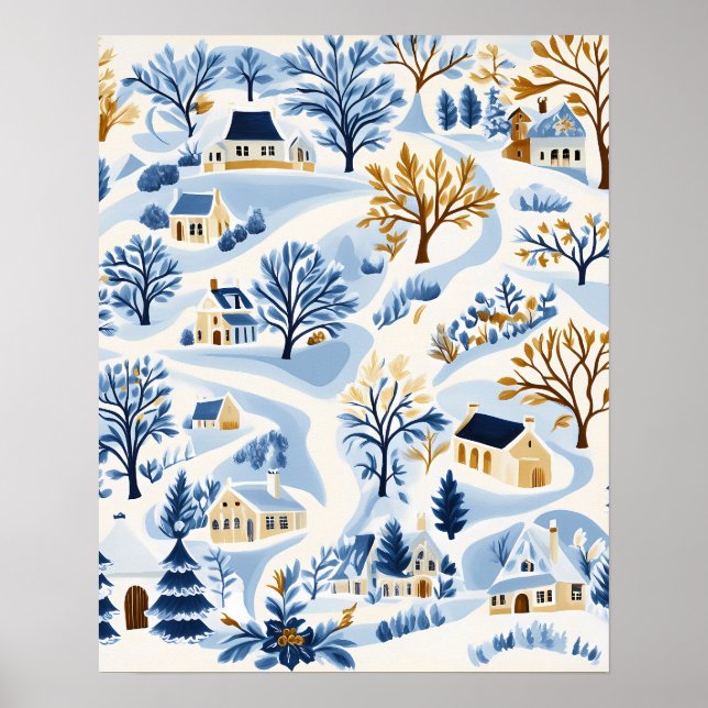 Winter Hillside Village with Cozy Cottages Poster (Front)