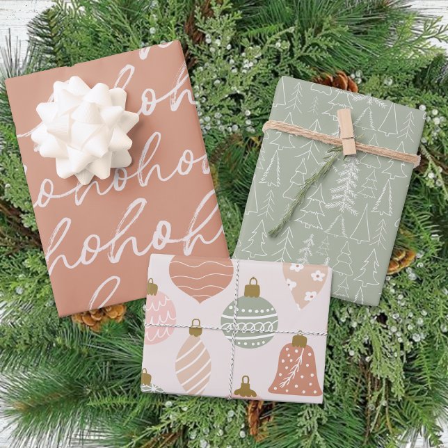 Winter HoHoHo Ornament Trees Pastel Christmas Wrapping Paper Sheet (Creator Uploaded)