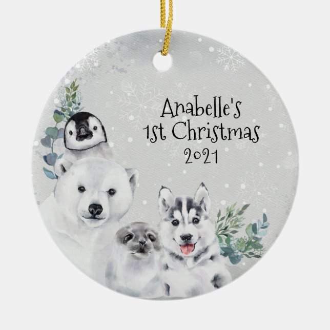 Winter Holiday Arctic Animal 1st Christmas  Ceramic Ornament (Front)