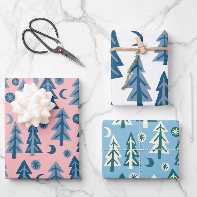 Winter Holiday Blue Trees Patterns Variety Gift Wrapping Paper Sheet (Front)