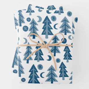 Winter Holiday Blue White Trees Pattern Gift Wrapping Paper Sheet