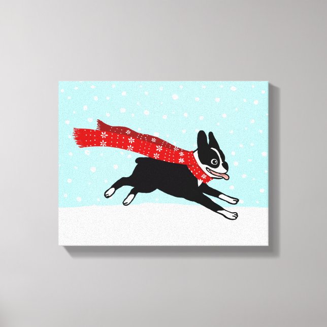 Winter Holiday Boston Terrier Wearing Red Scarf Canvas Print (Front)