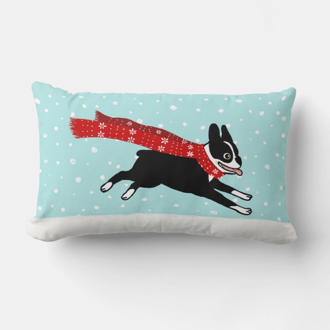 Winter Holiday Boston Terrier Wearing Red Scarf Lumbar Pillow (Front)