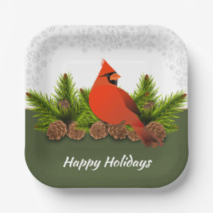 Winter Holiday Cardinal Pinecones and Snowflakes Paper Plate