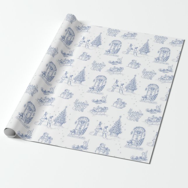 Winter Holiday Christmas Blue White Toile Gift Wrapping Paper (Unrolled)