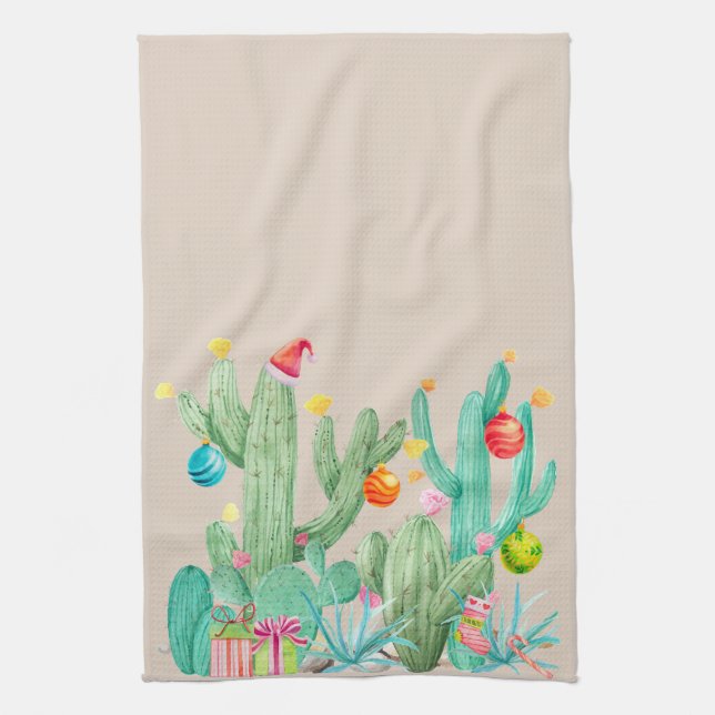 Winter Holiday Christmas Cactus Desert Southwest Kitchen Towel (Vertical)