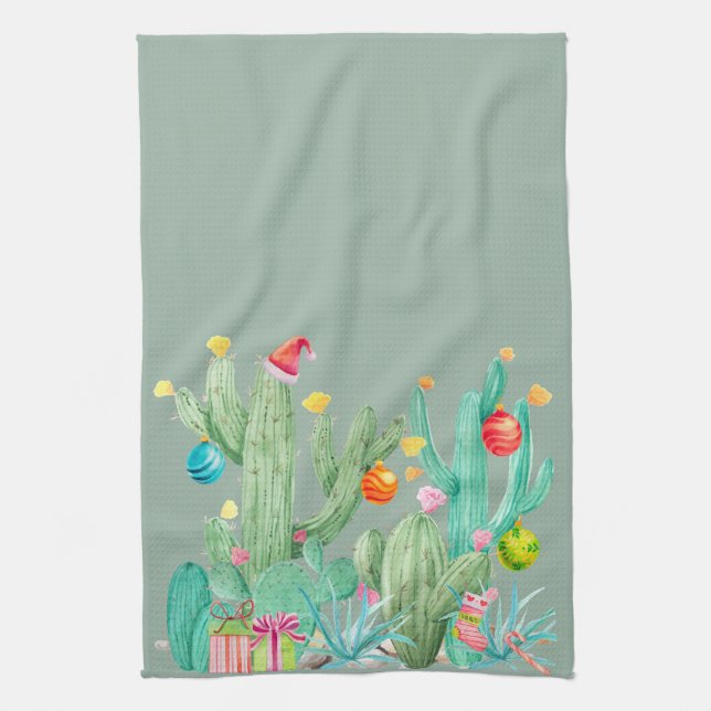 Winter Holiday Christmas Cactus Desert Southwest Kitchen Towel (Vertical)
